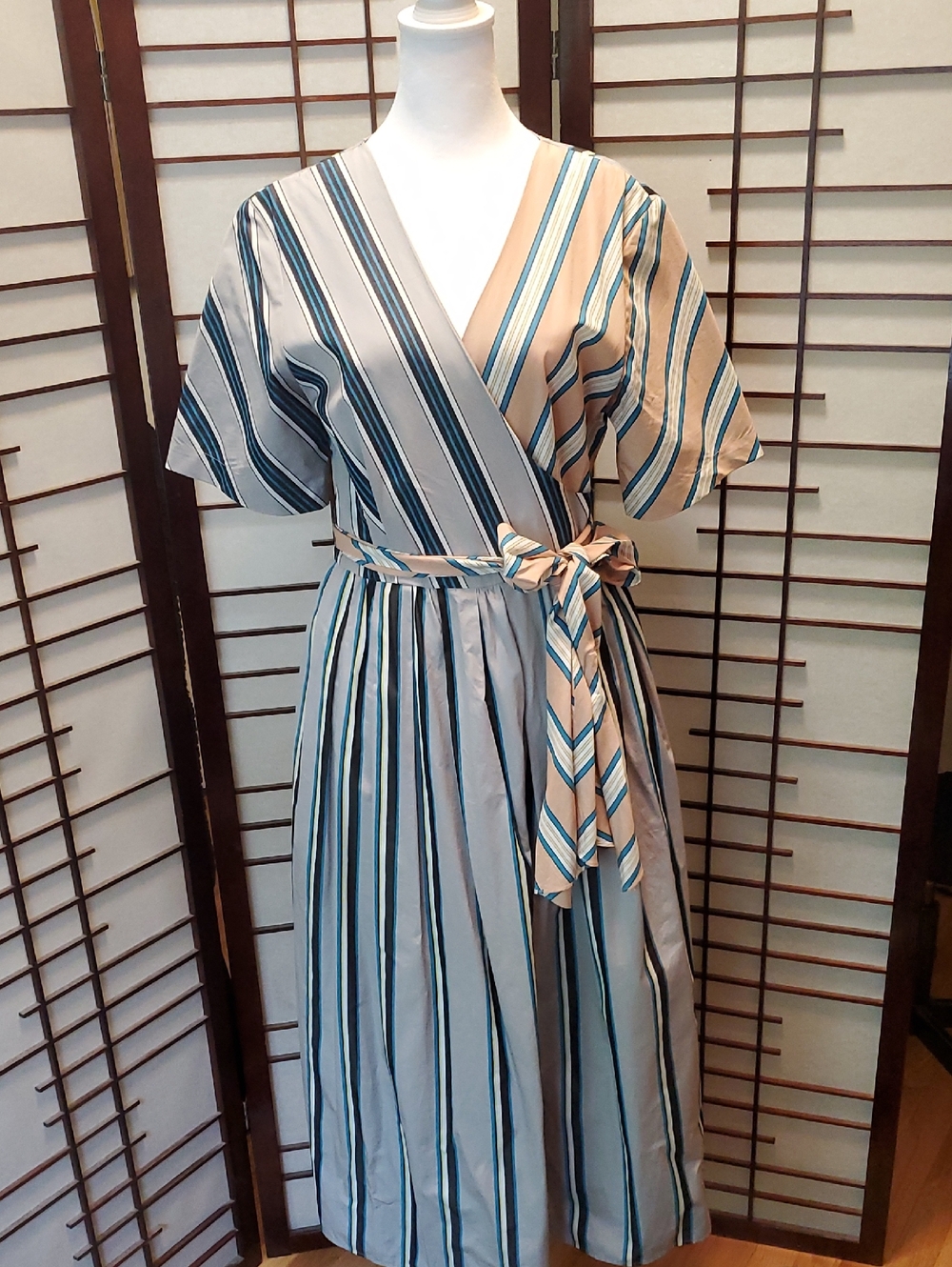 Diane Von Furstenberg Striped Wrap Midi Dress in Blue and Apricot